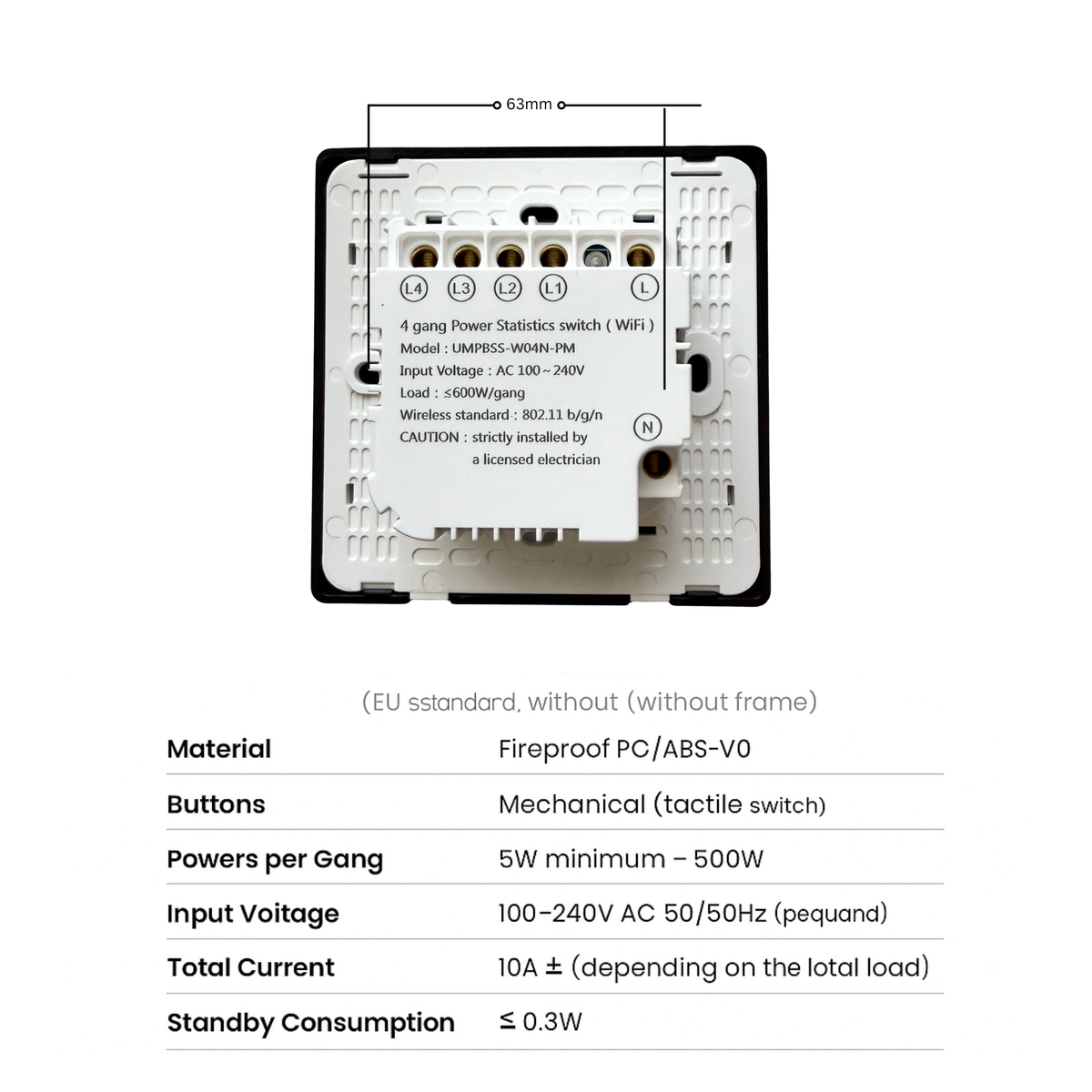 Smart Wi-Fi switch with mechanical child lock, power measurement, color and intensity control, and Tuya system. 