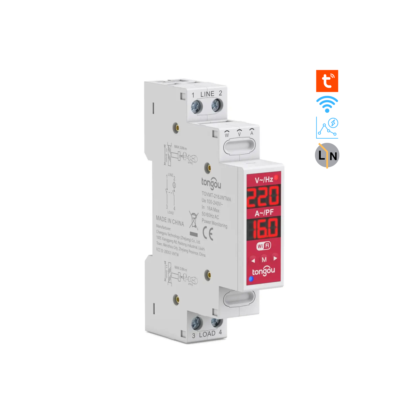 مفتاح/ريليه ذكي ثنائي القطب 2P Wi-Fi (Tuya/Smart Life) – 16A – 100~240V – دعم L-N و L-L (TOVMT)