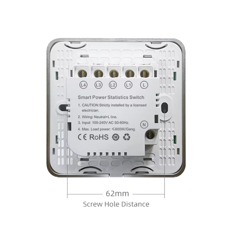 Touch-sensitive switch with power monitoring, child lock, adjustable switch lighting, and Wi-Fi enabled by Tuya 