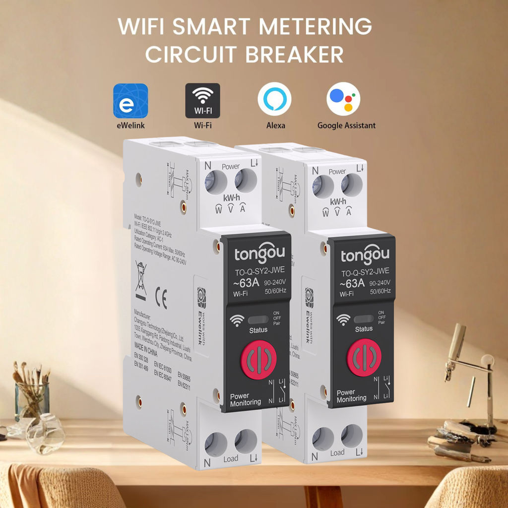Smart WiFi circuit breaker, 1-63A, eWeLink app, over/under voltage protection.