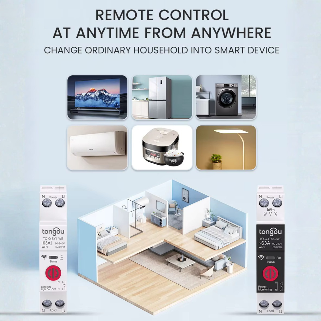 Smart WiFi circuit breaker, 1-63A, eWeLink app, over/under voltage protection.