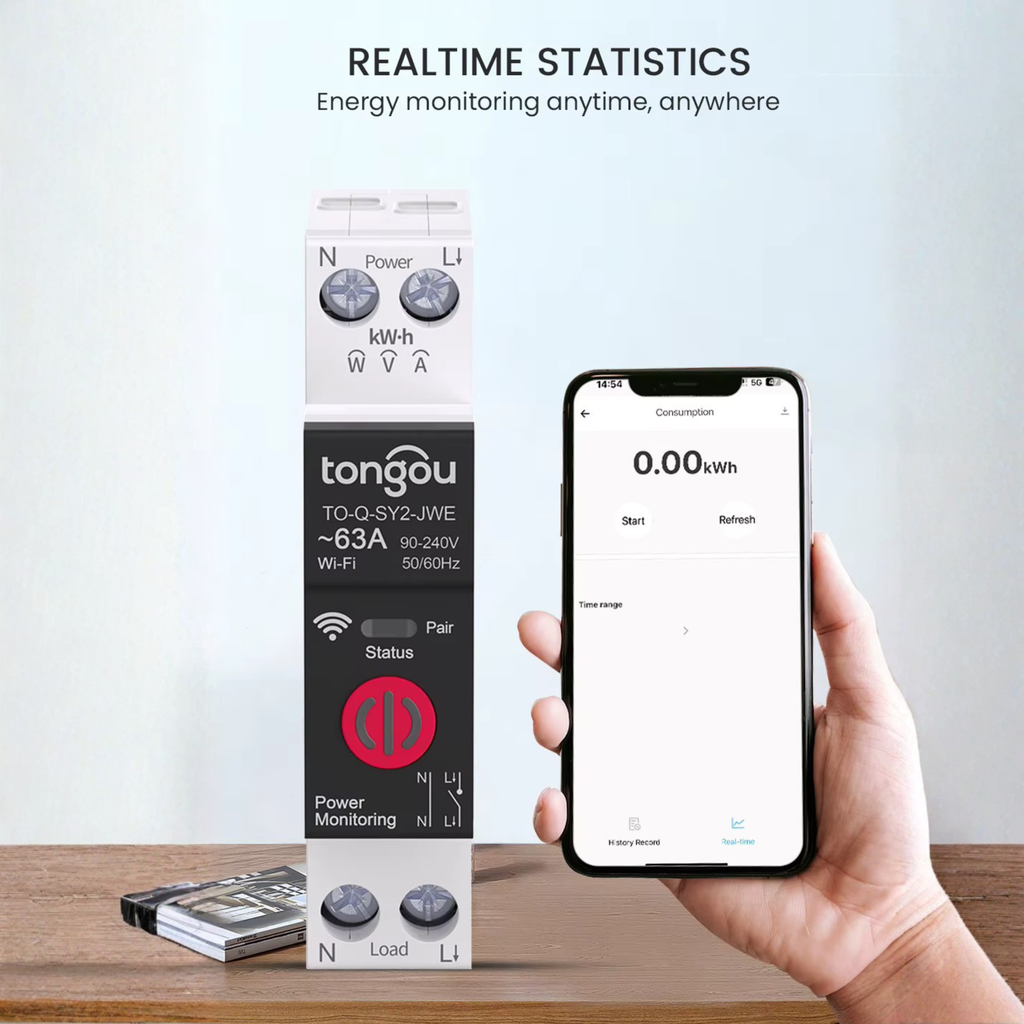 Smart WiFi circuit breaker, 1-63A, eWeLink app, over/under voltage protection.