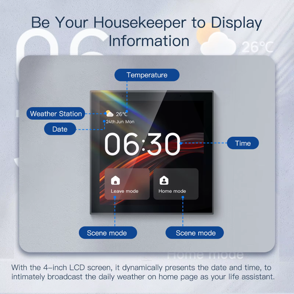 Tuya Smart Home Control Center with 4-inch touchscreen, built-in Alexa, and Zigbee voice and wireless control for over 100 smart home devices. 