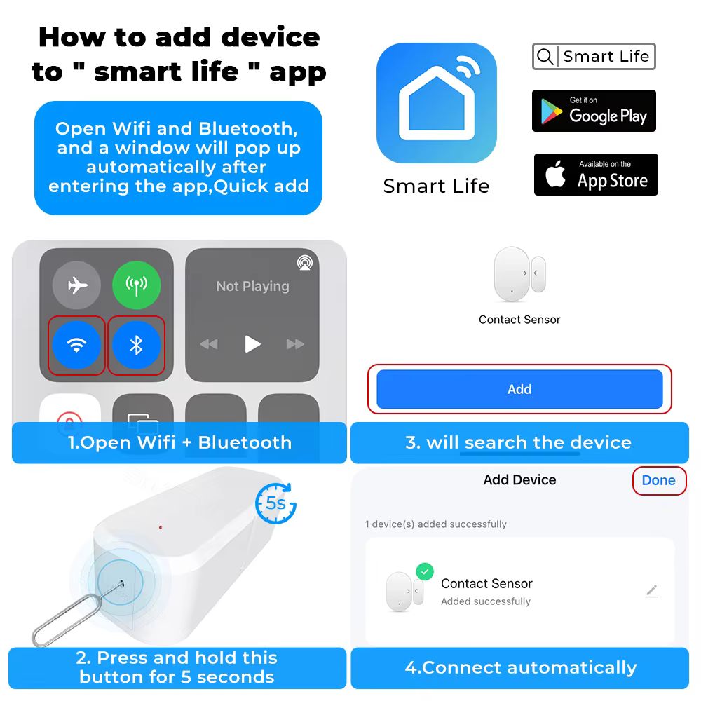 متحسس فتح/إغلاق الأبواب الذكي WiFi – يدعم Alexa وGoogle Home – يعمل مع تطبيق Tuya Smart