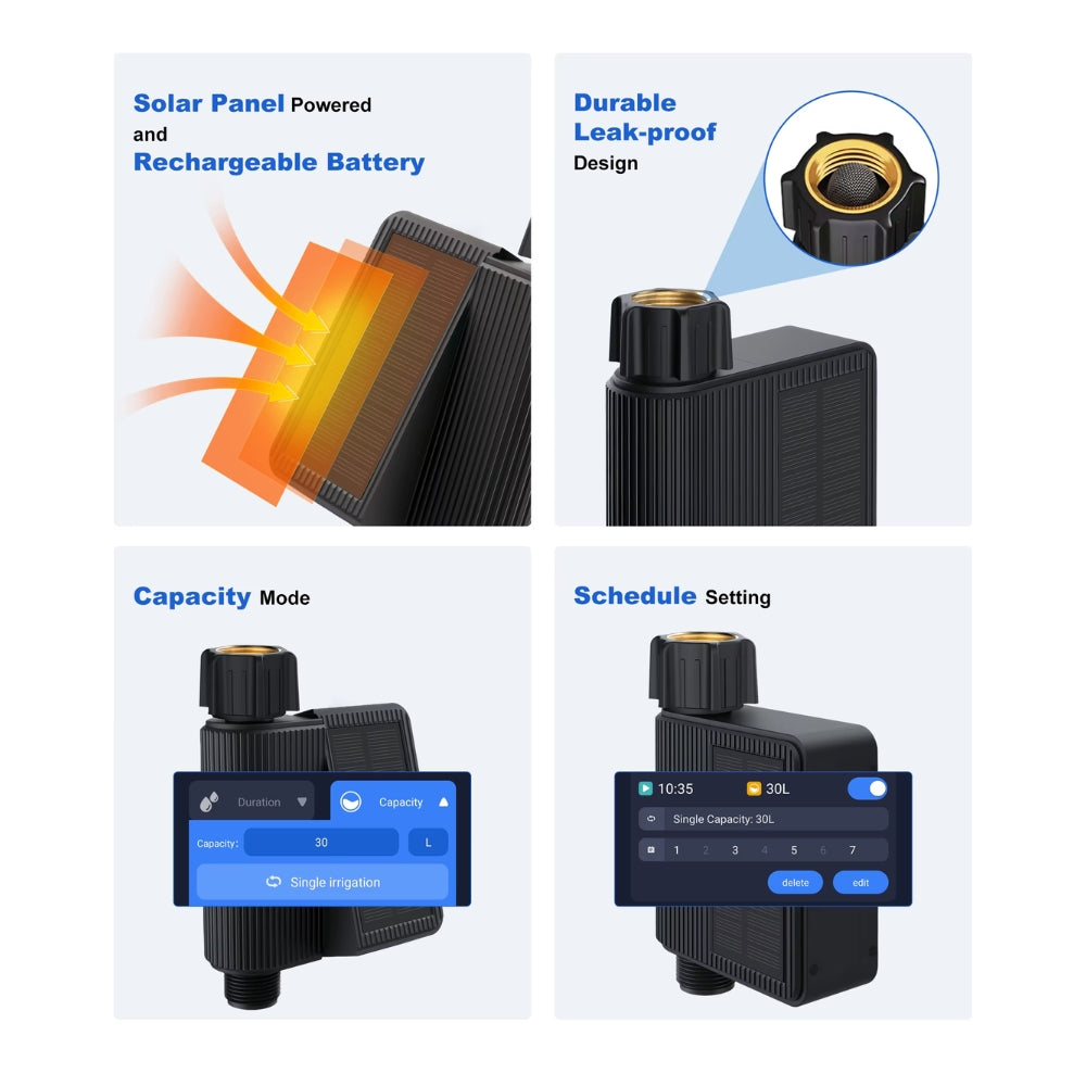 Smart water valve with 2.4G Wi-Fi, solar irrigation timer, and Type-C rechargeable battery – app control for garden, lawn, and drip irrigation systems 