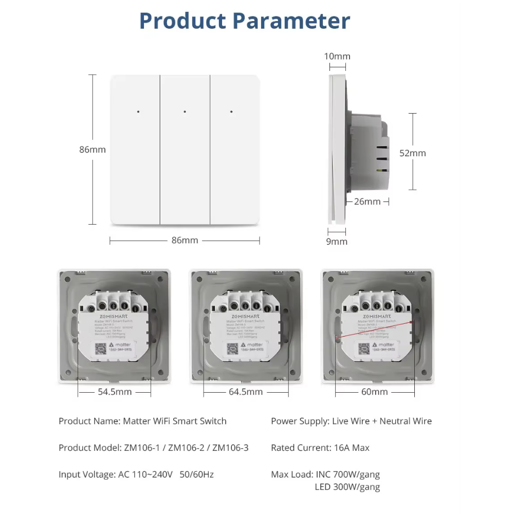 Zemismart Matter-powered WiFi Smart Wall Switch – European specifications, 1/2/3 buttons, with push button and app control
