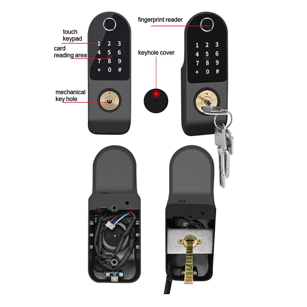 Smart exterior door lock with dual fingerprint entry (entry and exit), password and card, and Tuya Wi-Fi system. 