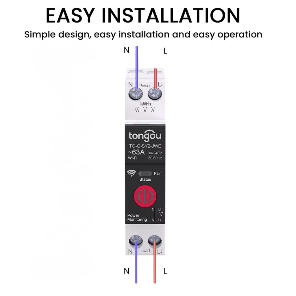 Smart WiFi circuit breaker, 1-63A, eWeLink app, over/under voltage protection.