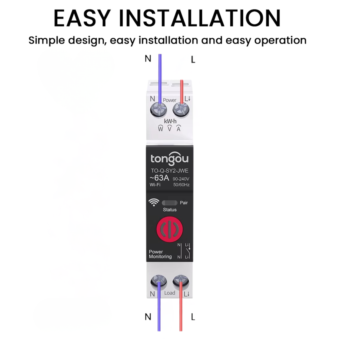 Smart WiFi circuit breaker, 1-63A, eWeLink app, over/under voltage protection.