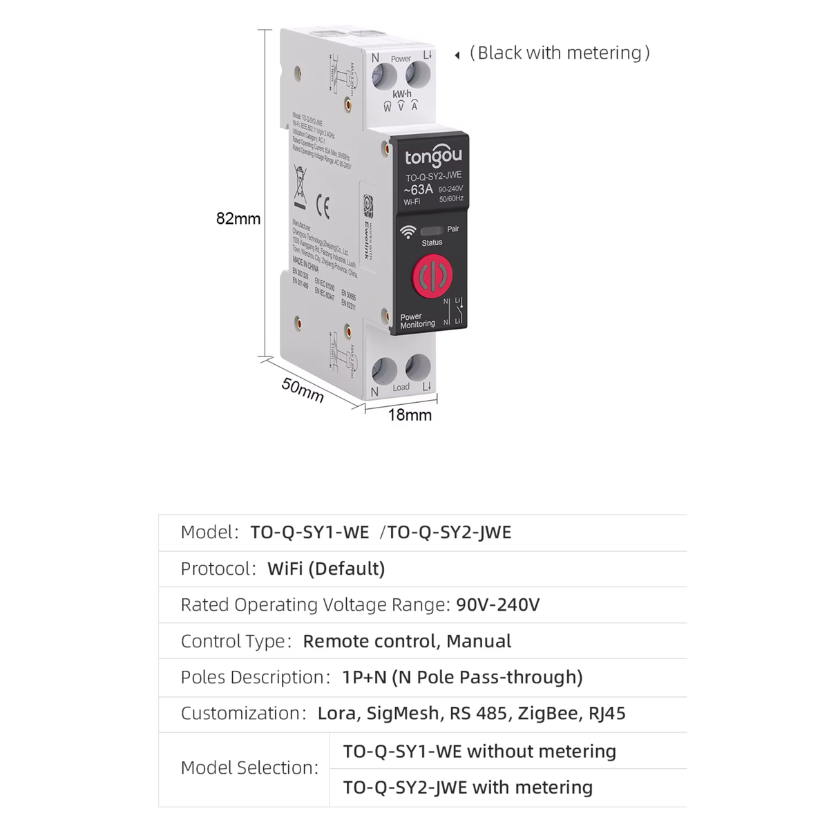 Smart WiFi circuit breaker, 1-63A, eWeLink app, over/under voltage protection.
