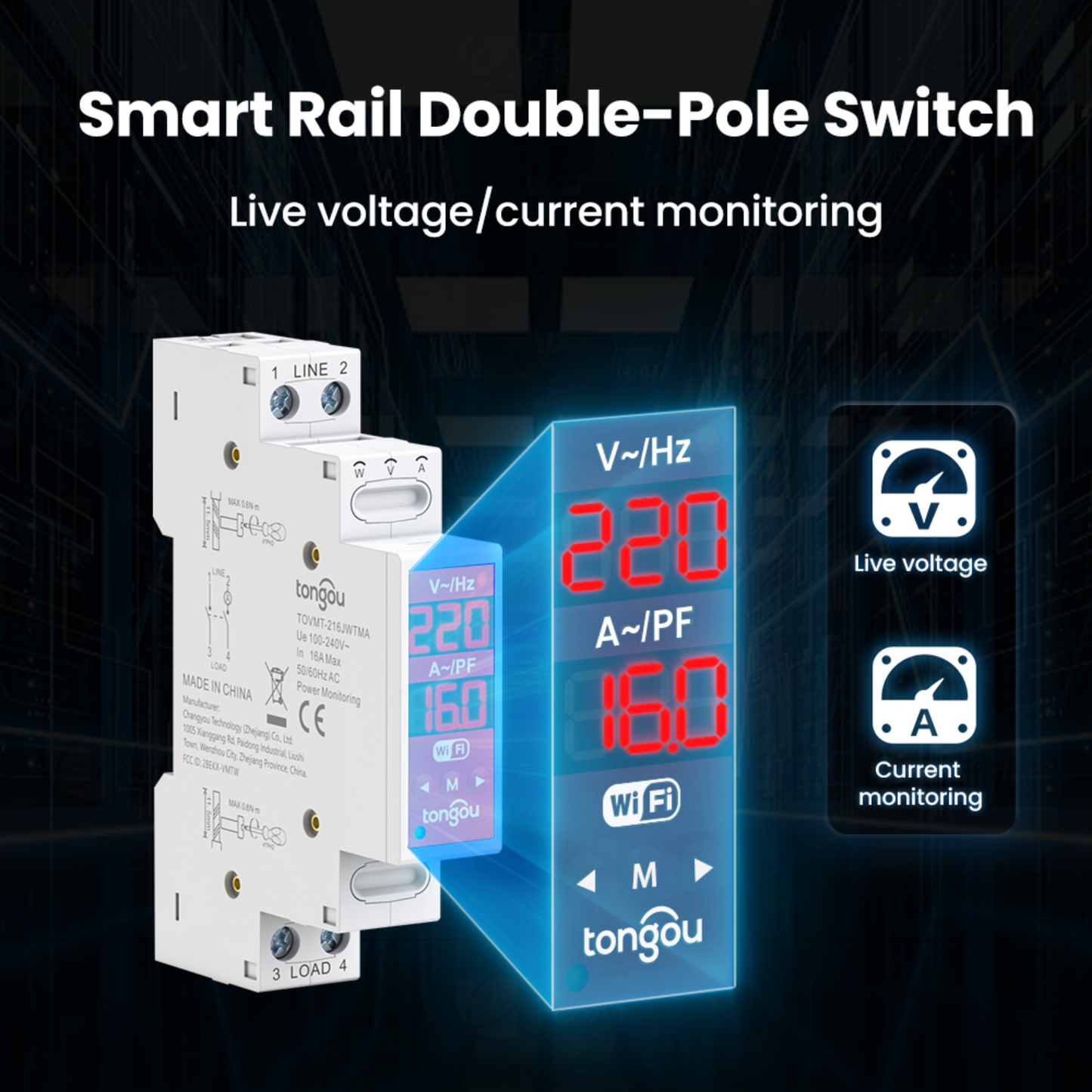 مفتاح/ريليه ذكي ثنائي القطب 2P Wi-Fi (Tuya/Smart Life) – 16A – 100~240V – دعم L-N و L-L (TOVMT)