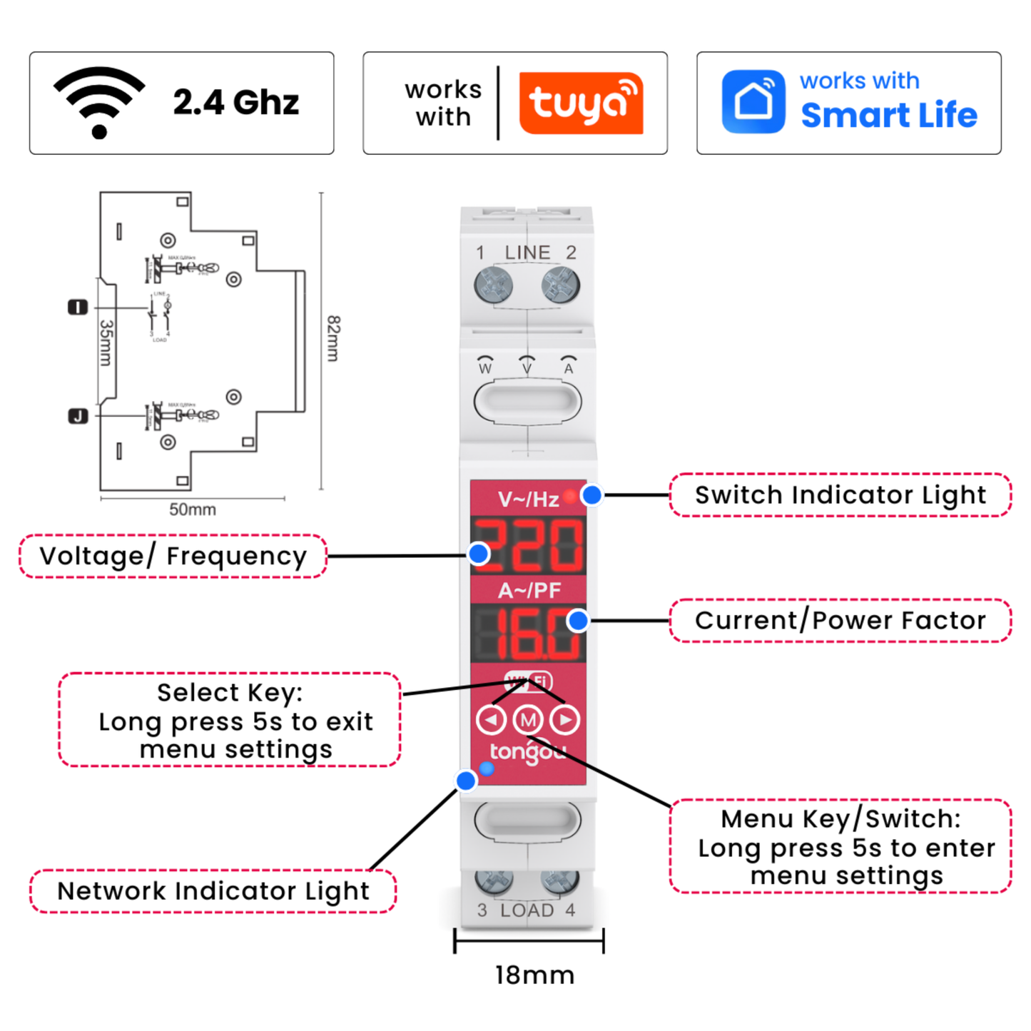 مفتاح/ريليه ذكي ثنائي القطب 2P Wi-Fi (Tuya/Smart Life) – 16A – 100~240V – دعم L-N و L-L (TOVMT)