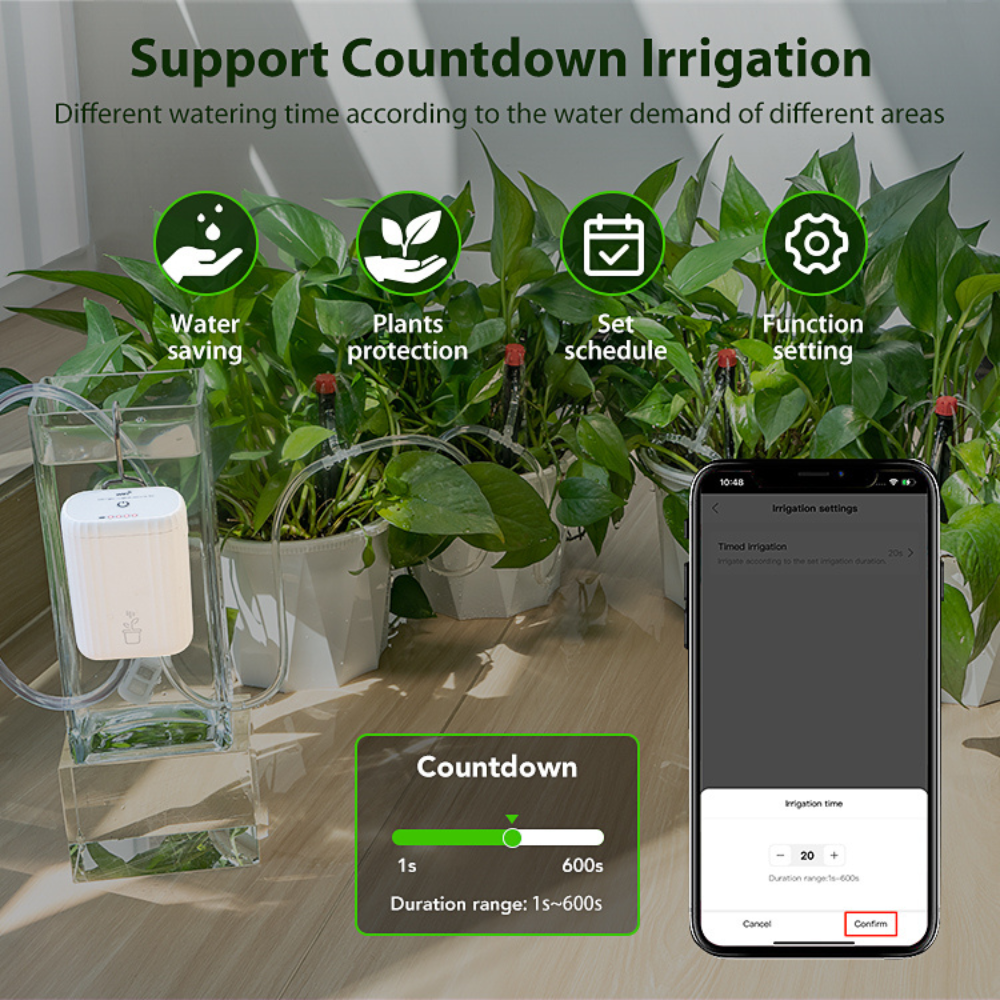 جهاز الري الذكي بالتنقيط WiFi+BLE مزود ببطارية مدمجة ودعم تطبيق Tuya – لنظام الري الآلي للنباتات حتى 10 أوعية