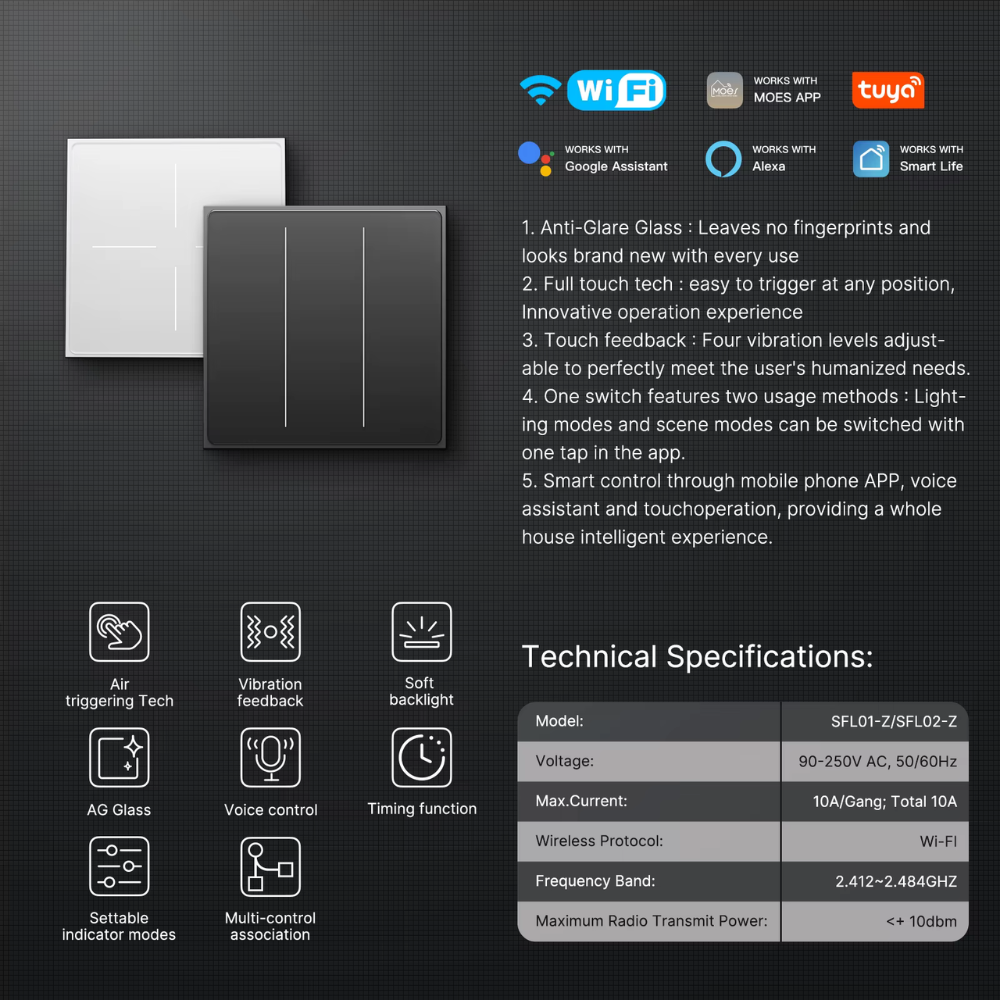 مفتاح لمس ذكي Wi-Fi بسطح مطفي (Matte) مع اهتزاز لمسي وإضاءة خلفية – MOES Star Feather (1/2/3/4 مخارج، يعمل مع Tuya/Smart Life ويدعم Alexa/Google)