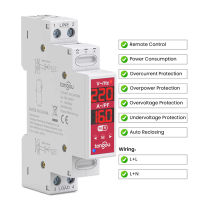 مفتاح/ريليه ذكي ثنائي القطب 2P Wi-Fi (Tuya/Smart Life) – 16A – 100~240V – دعم L-N و L-L (TOVMT)