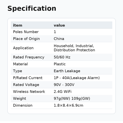 Smart switch 1-63 Amp, integrated protection with Earth Leakage system - Wi-Fi - Tuya 