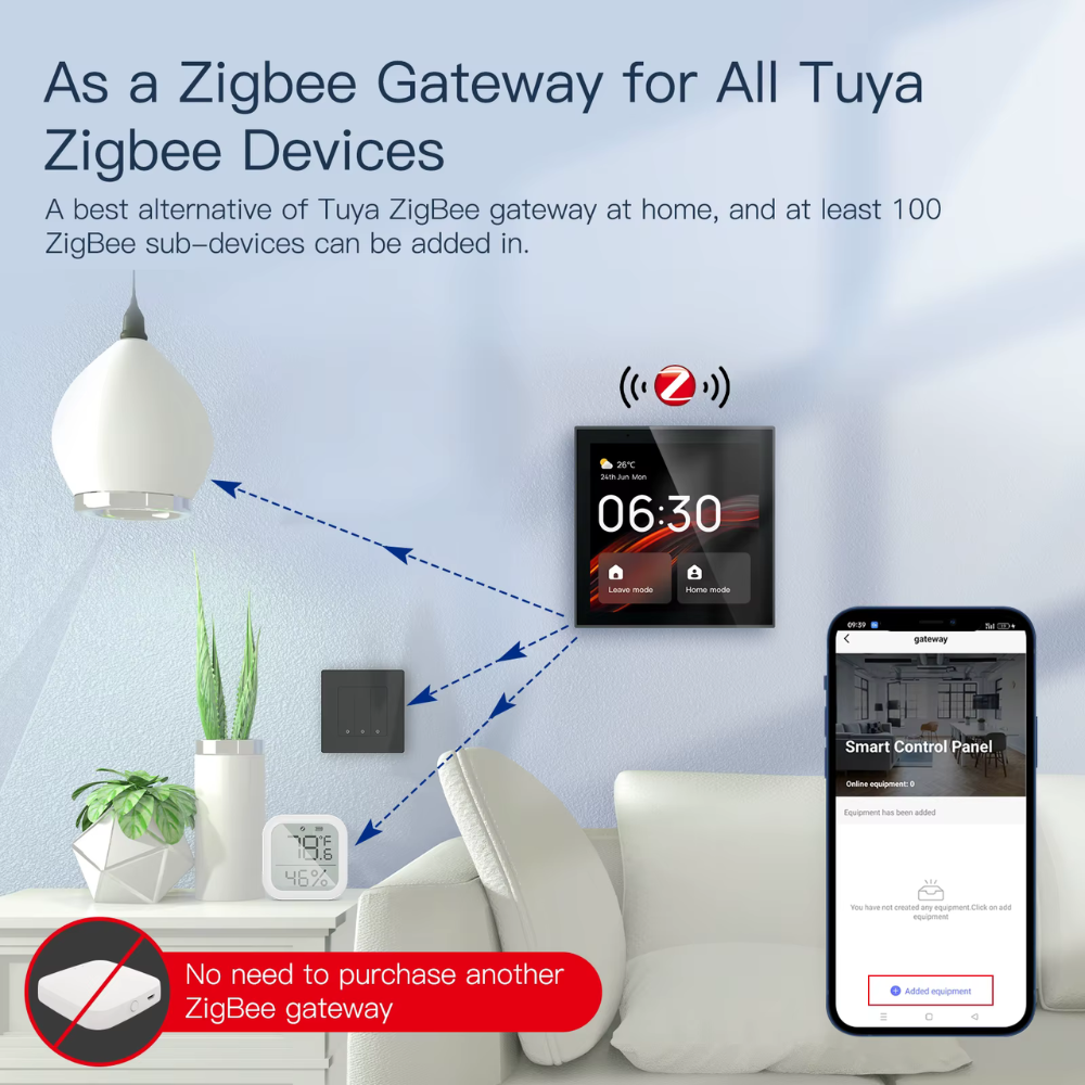 Tuya Smart Home Control Center with 4-inch touchscreen, built-in Alexa, and Zigbee voice and wireless control for over 100 smart home devices. 