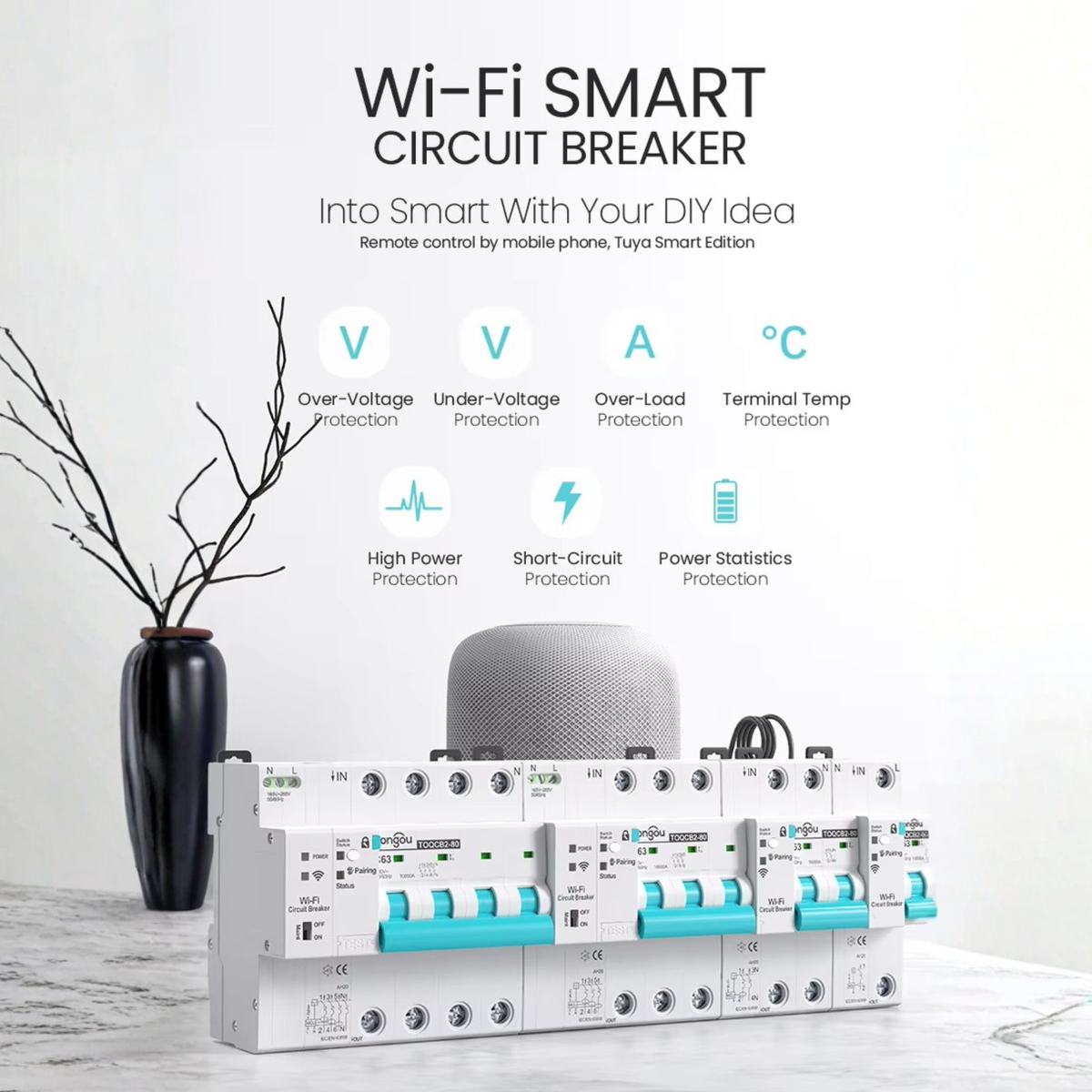 Smart WiFi Circuit Breaker 1-63A 2P for Home with Measurement and Protection