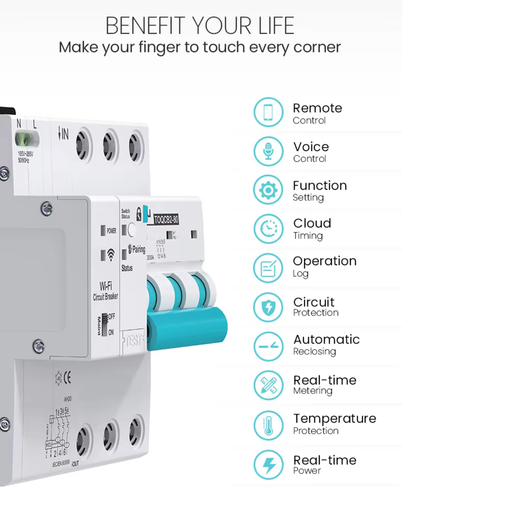 Smart WiFi Circuit Breaker 1-63A 2P for Home with Measurement and Protection