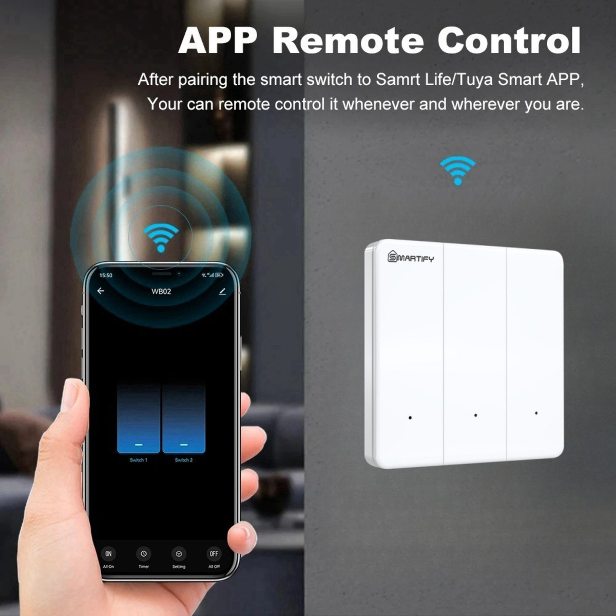 Smart Wi-Fi switch with mechanical child lock, power measurement, color and intensity control, and Tuya system. 
