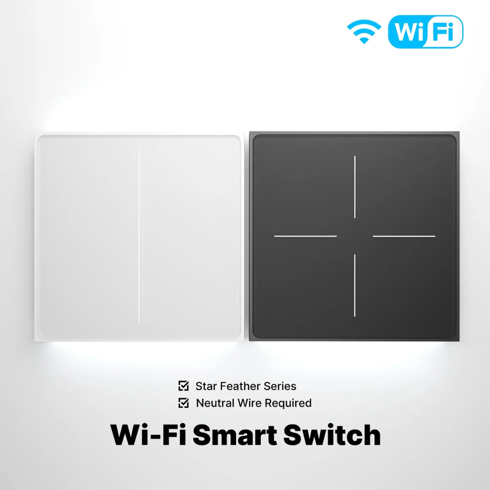 کلیلێکی زیرەکی لێکدانی Wi-Fi بە ڕووی ماتەوە لەگەڵ لەرزینی لێکدان و ڕووناکی پشتەوە - MOES Star Feather (1/2/3/4 دەرچە، کاردەکات لەگەڵ Tuya/Smart Life)