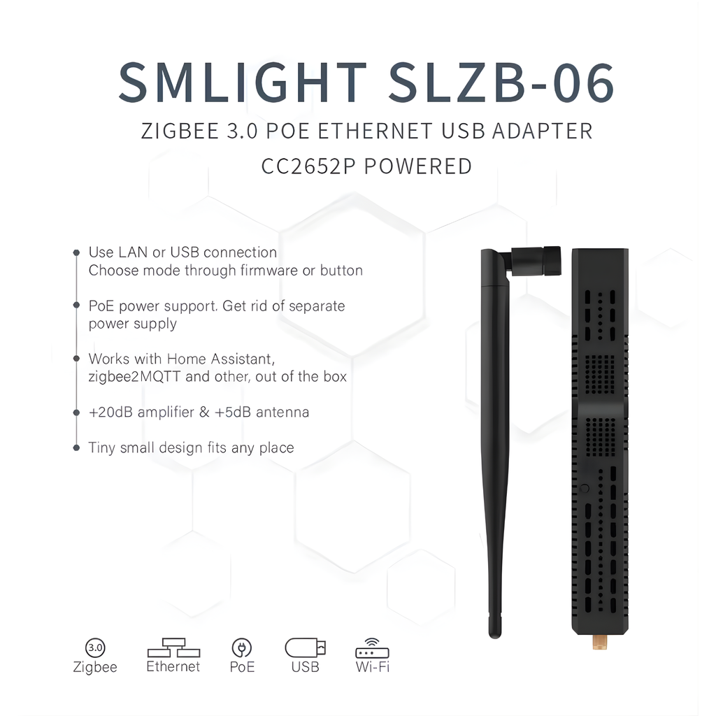 هاب Zigbee زیرەکی فرە پەیوەندی (LAN + Wi-Fi + USB-C + PoE) – SLZB-06U