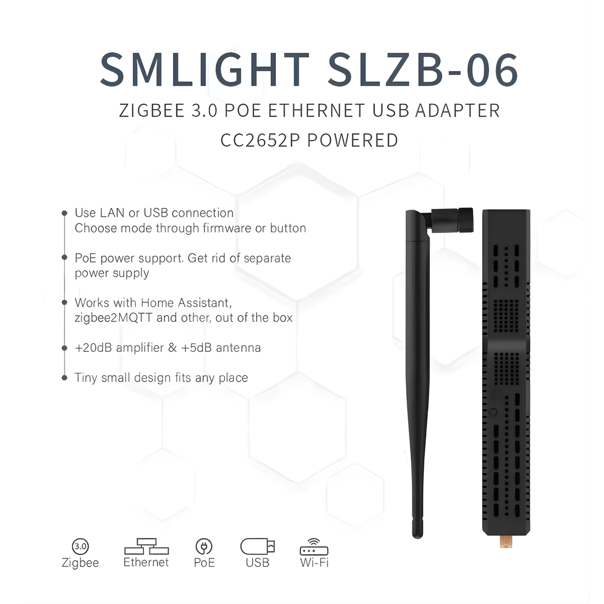 هاب Zigbee زیرەکی فرە پەیوەندی (LAN + Wi-Fi + USB-C + PoE) – SLZB-06U