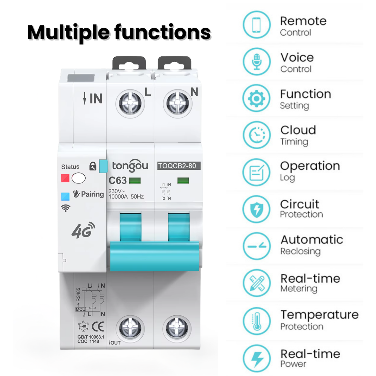 قاطع دائرة ذكي 4G (شريحة SIM) 2P مع قياس وحماية تطبيق تويا