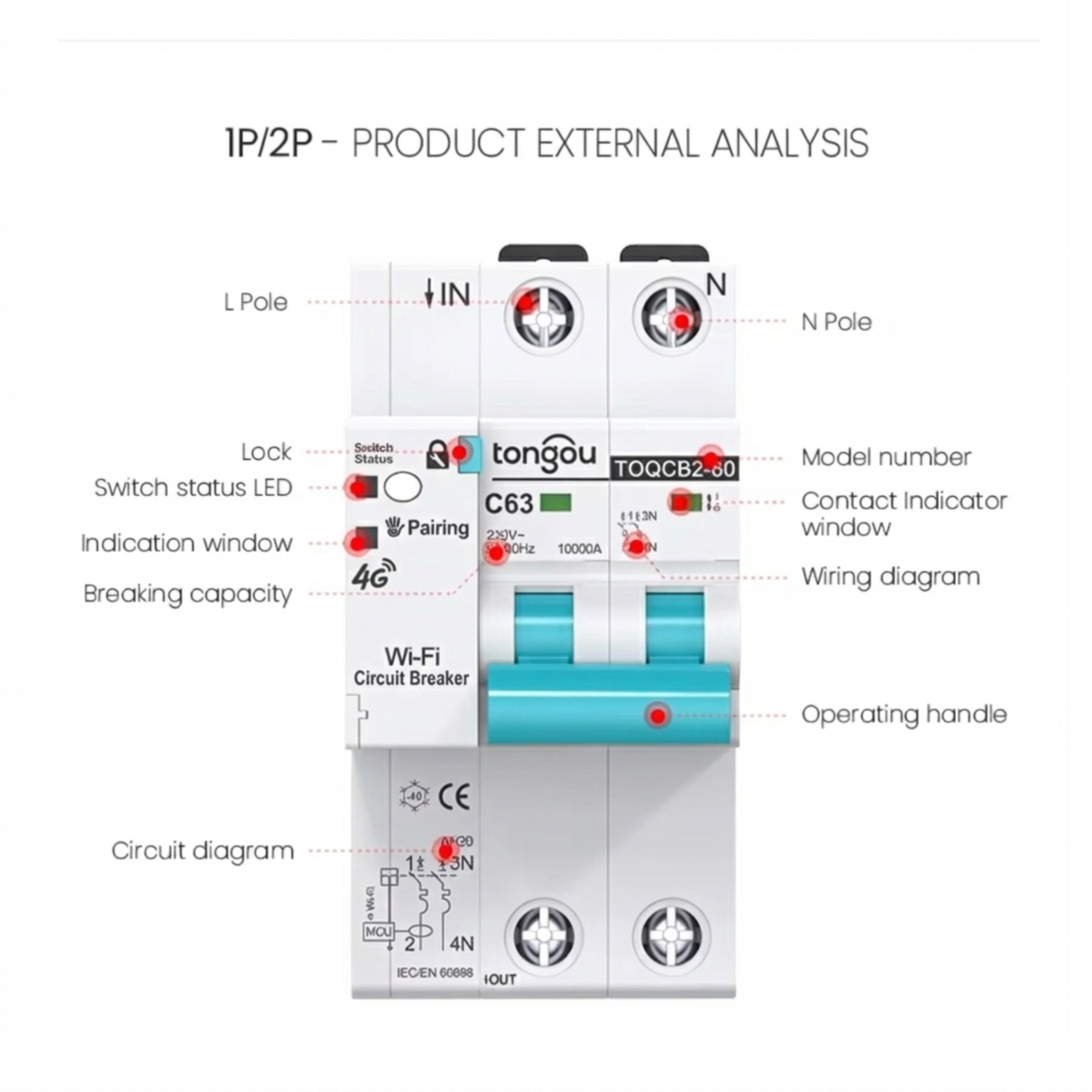 قاطع دائرة ذكي 4G (شريحة SIM) 2P مع قياس وحماية تطبيق تويا
