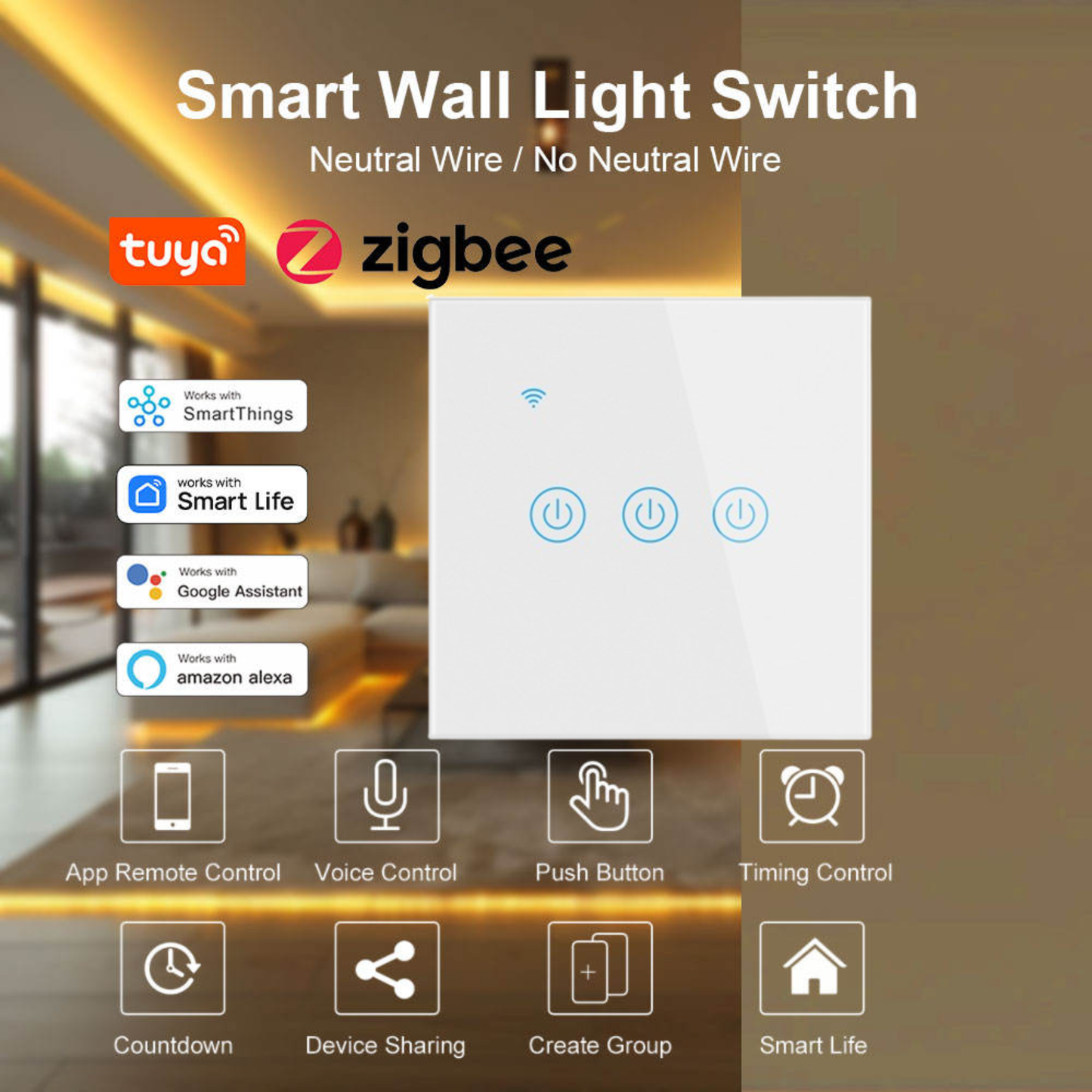 سوج جداري ذكي لمس Zigbee 3.0 بزجاج مُقوّى (1/2/3/4 زر) – EU 86mm – يحتاج سلك N – يعمل مع Smart Life/Alexa/Google
