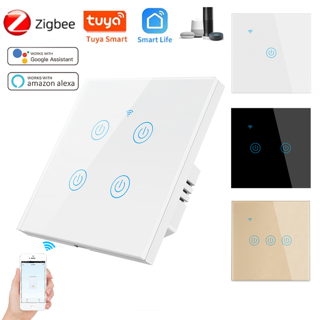 کلیلێکی زیرەکی دیواری لەمس (Touch) بە تەکنەلۆژیای Zigbee 3.0 لەگەڵ شووشەی ڕەقکراو (1/2/3/4 دوگمە) – ستانداردی ئەوروپی 86 ملیم – پێویستی بە وایەری N هەیە – کار دەکات لەگەڵ Smart Life/Alexa/Google