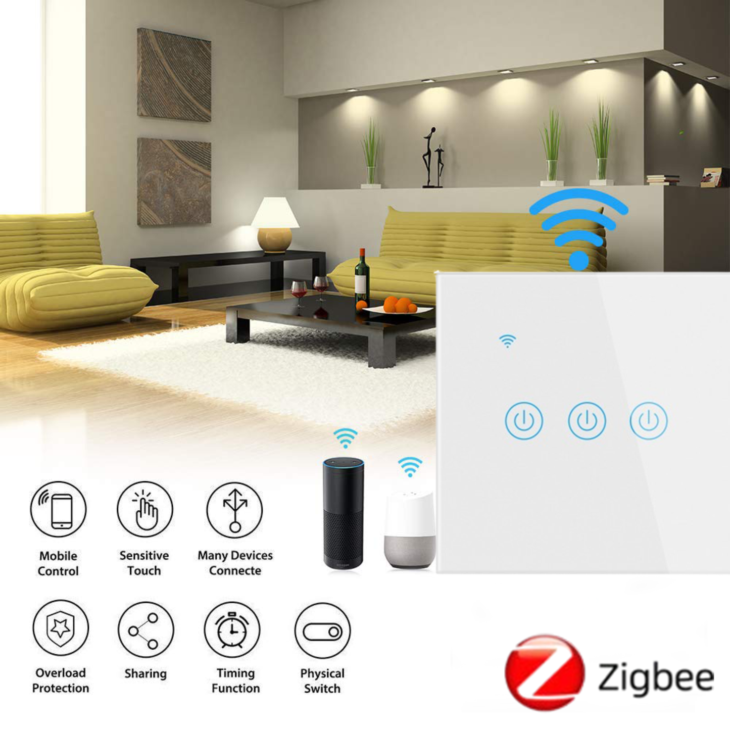 سوج جداري ذكي لمس Zigbee 3.0 بزجاج مُقوّى (1/2/3/4 زر) – EU 86mm – يحتاج سلك N – يعمل مع Smart Life/Alexa/Google