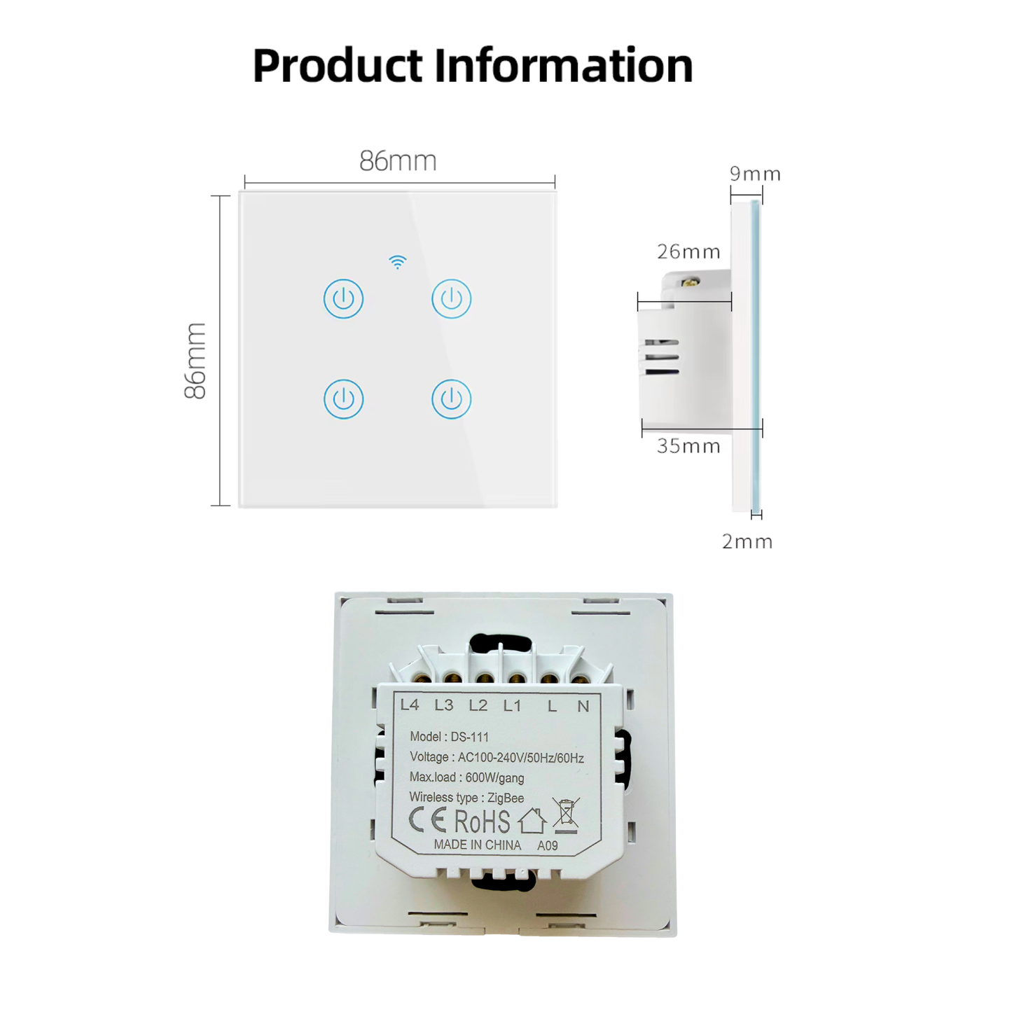 سوج جداري ذكي لمس Zigbee 3.0 بزجاج مُقوّى (1/2/3/4 زر) – EU 86mm – يحتاج سلك N – يعمل مع Smart Life/Alexa/Google