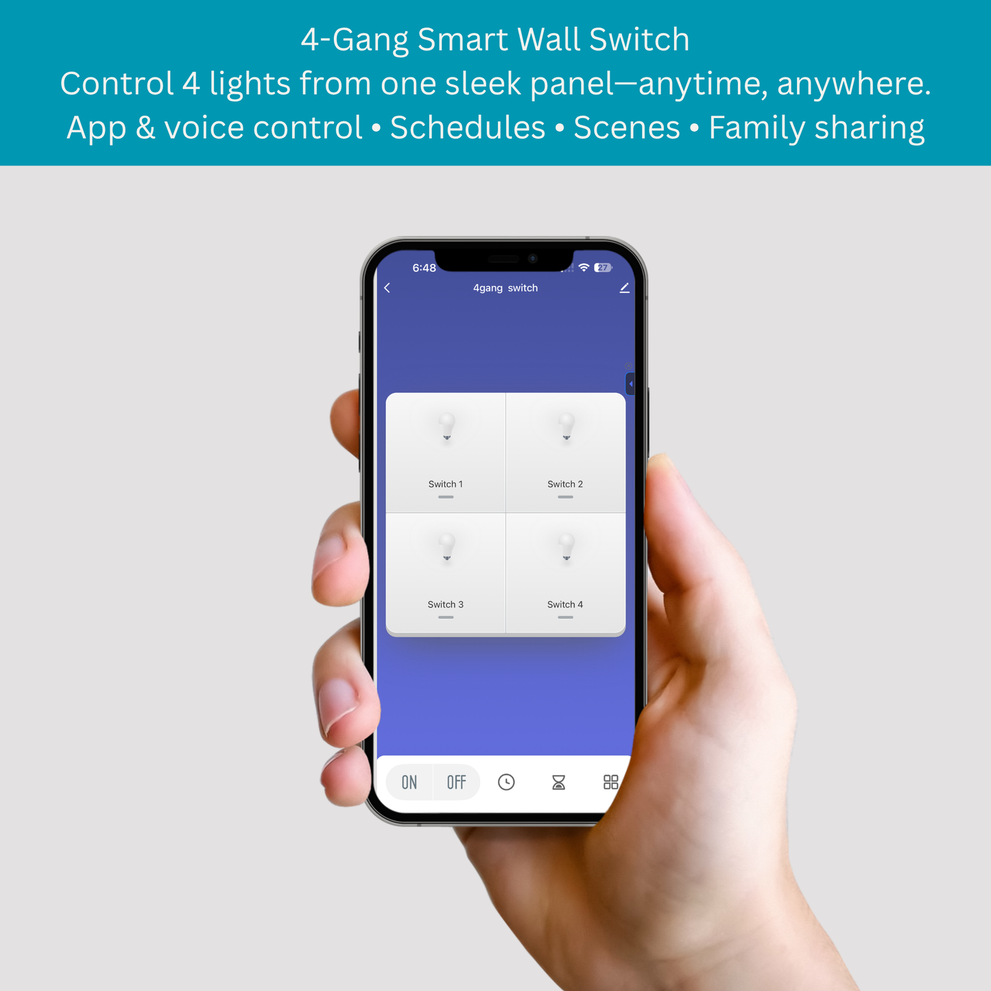سوج ذكي لمس Wi-Fi (Tuya) — رباعي 4gang، أبيض — عرض 147 مم