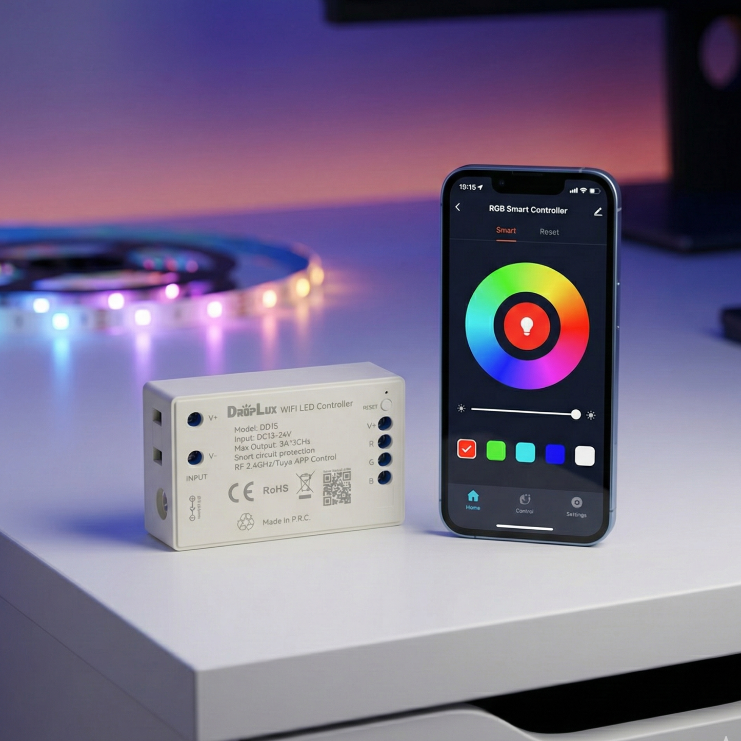 درايفر/متحكم RGB ذكي 12–24V (Wi-Fi Tuya) — تحكم احترافي بالإضاءة… بدون تغيير الشريط