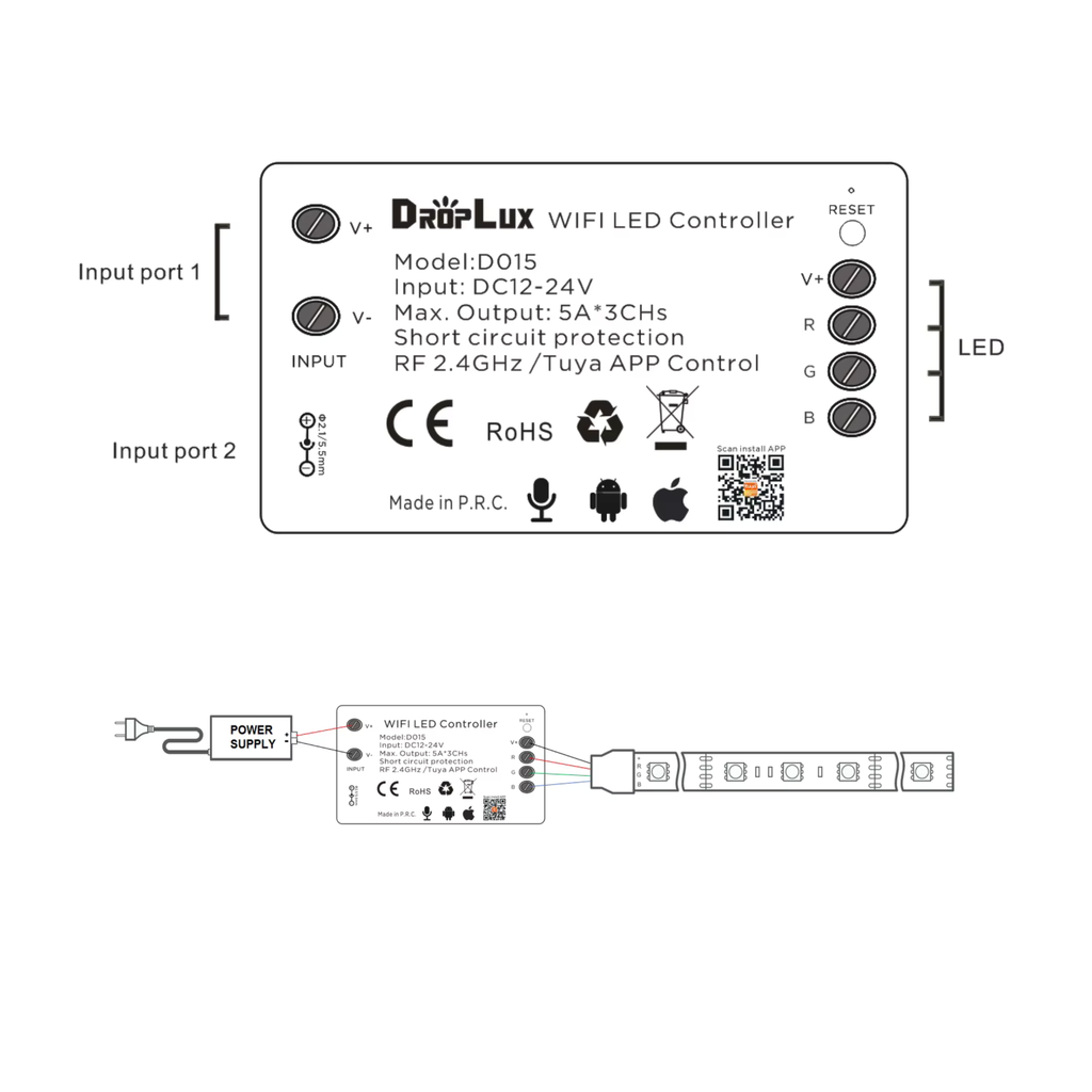 Smart RGB LED Controller 12–24V (Wi-Fi Tuya) — Professional lighting control… without changing the strip