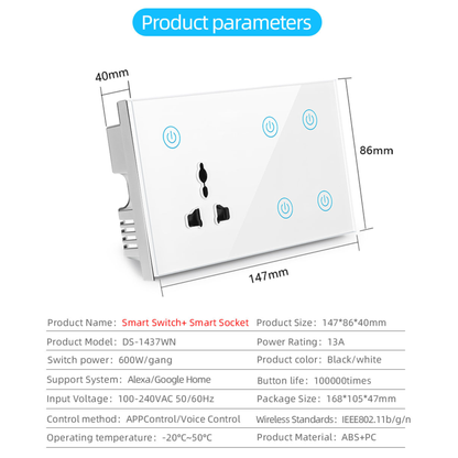 سوج لمس ذكي رباعي + مقبس عالمي Wi-Fi (Tuya)