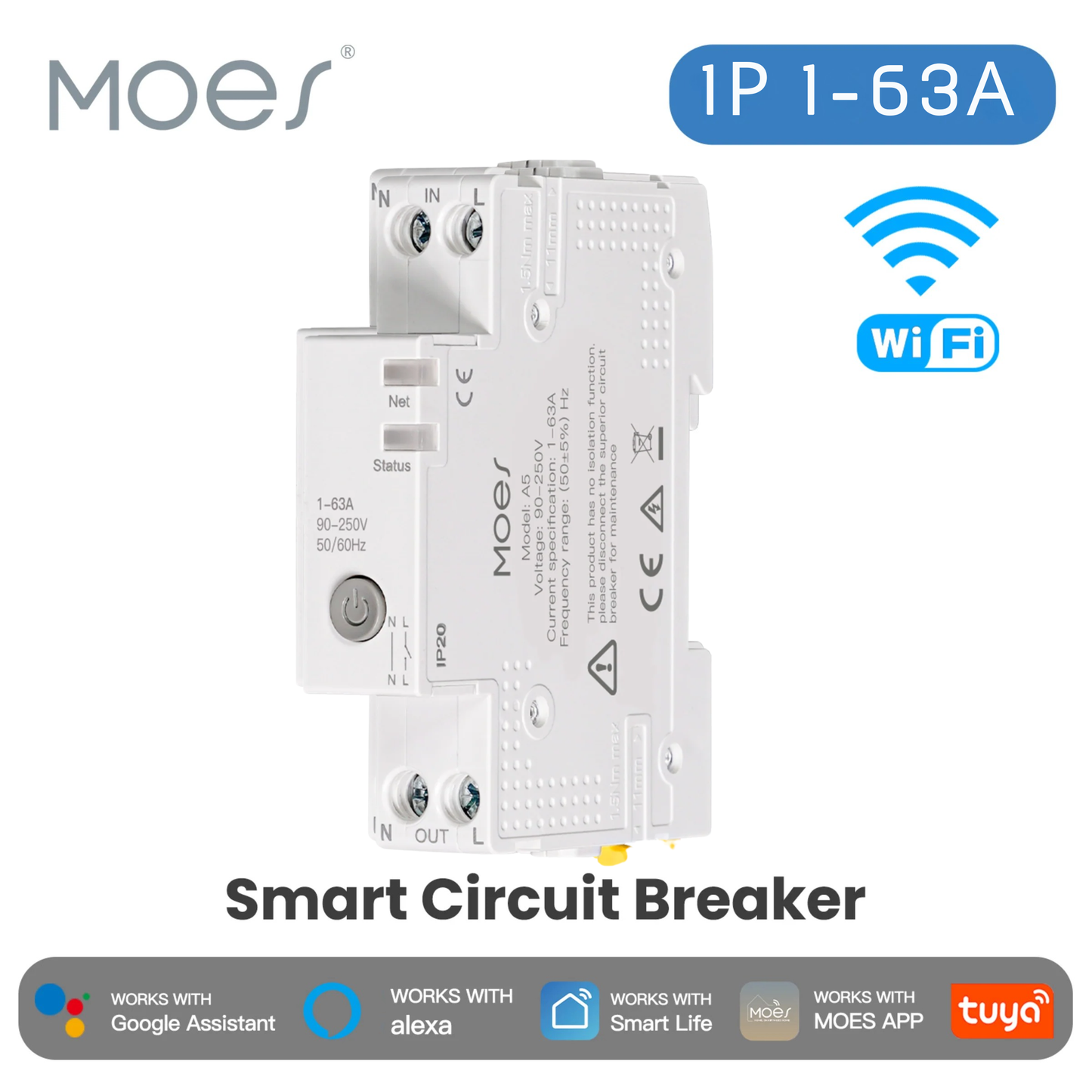 قاطع دائرة ذكي Wi-Fi (Tuya) بمدى تيار قابل للضبط 1–63A + قياس استهلاك
