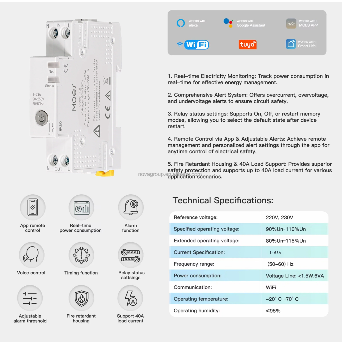 قاطع دائرة ذكي Wi-Fi (Tuya) بمدى تيار قابل للضبط 1–63A + قياس استهلاك