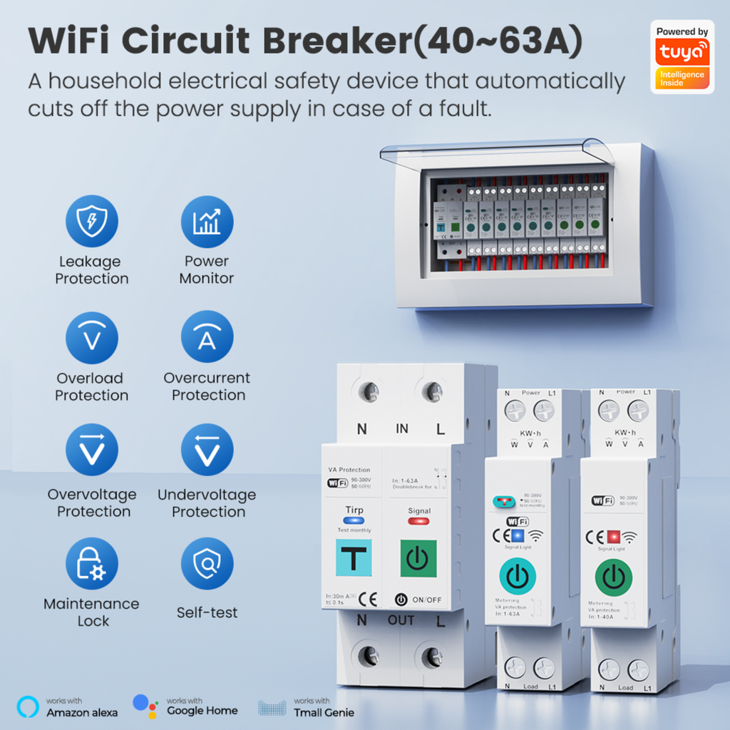 63 Amp Smart Circuit Breaker with Double Relay, Earth Leakage Protection, Wi-Fi System, Tuya Smart Life App 