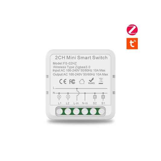 مفتاح ذكي مصغّر ثنائي القناة Zigbee 10A مع مراقبة طاقة – يعمل مع Tuya