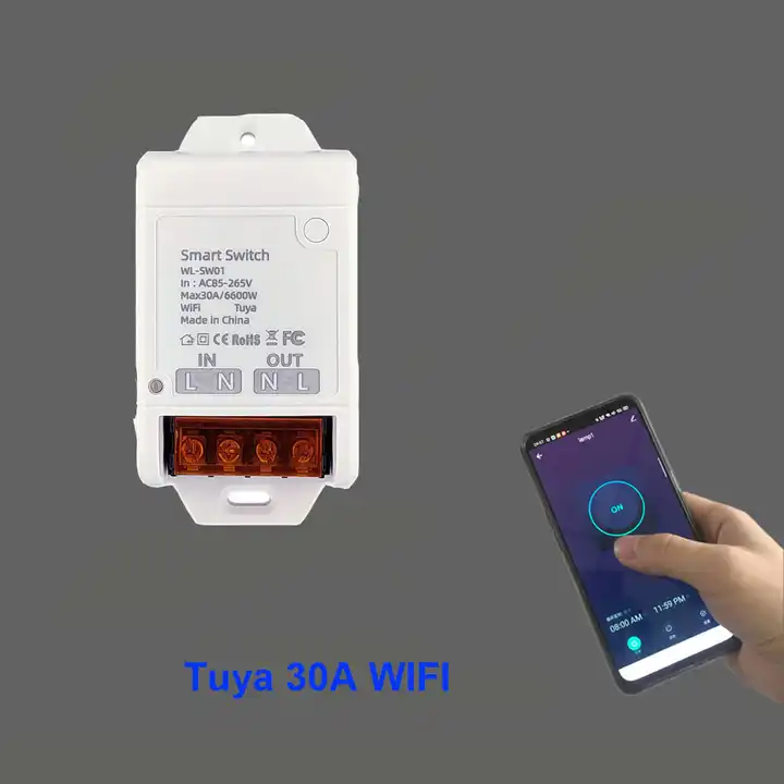 مفتاح ريليه ذكي WiFi 30A من Tuya – هێزی 6600 وات، ڤۆڵتیەی 85-250V، کۆنتڕۆڵکردنی مەودادور لە ڕێگەی ئەپی Smart Life، پشتگیری کاتژمێر دەکات و لەگەڵ ئەلیکسا و گوگڵ هۆم کاردەکات