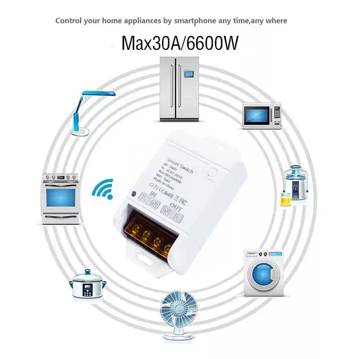 مفتاح ريليه ذكي WiFi 30A من Tuya – هێزی 6600 وات، ڤۆڵتیەی 85-250V، کۆنتڕۆڵکردنی مەودادور لە ڕێگەی ئەپی Smart Life، پشتگیری کاتژمێر دەکات و لەگەڵ ئەلیکسا و گوگڵ هۆم کاردەکات