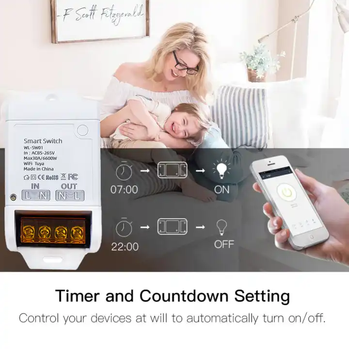 مفتاح ريليه ذكي WiFi 30A من Tuya – هێزی 6600 وات، ڤۆڵتیەی 85-250V، کۆنتڕۆڵکردنی مەودادور لە ڕێگەی ئەپی Smart Life، پشتگیری کاتژمێر دەکات و لەگەڵ ئەلیکسا و گوگڵ هۆم کاردەکات