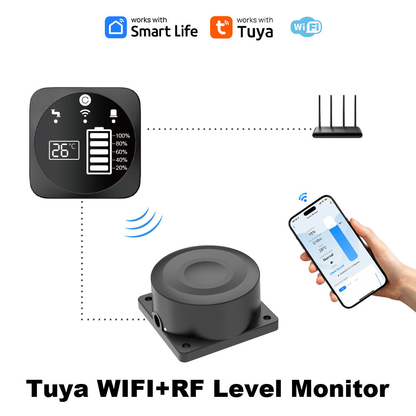 حساس مستوى المياه الذكي بالموجات فوق الصوتية للخزانات  مع شاشة مراقبة - Wi-Fi وتطبيق Tuya