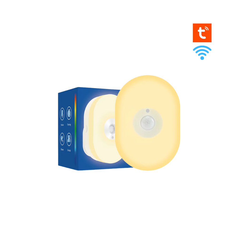 Smart color-changing WiFi night light with motion sensor and voice control – works with Tuya, Alexa, and Google.