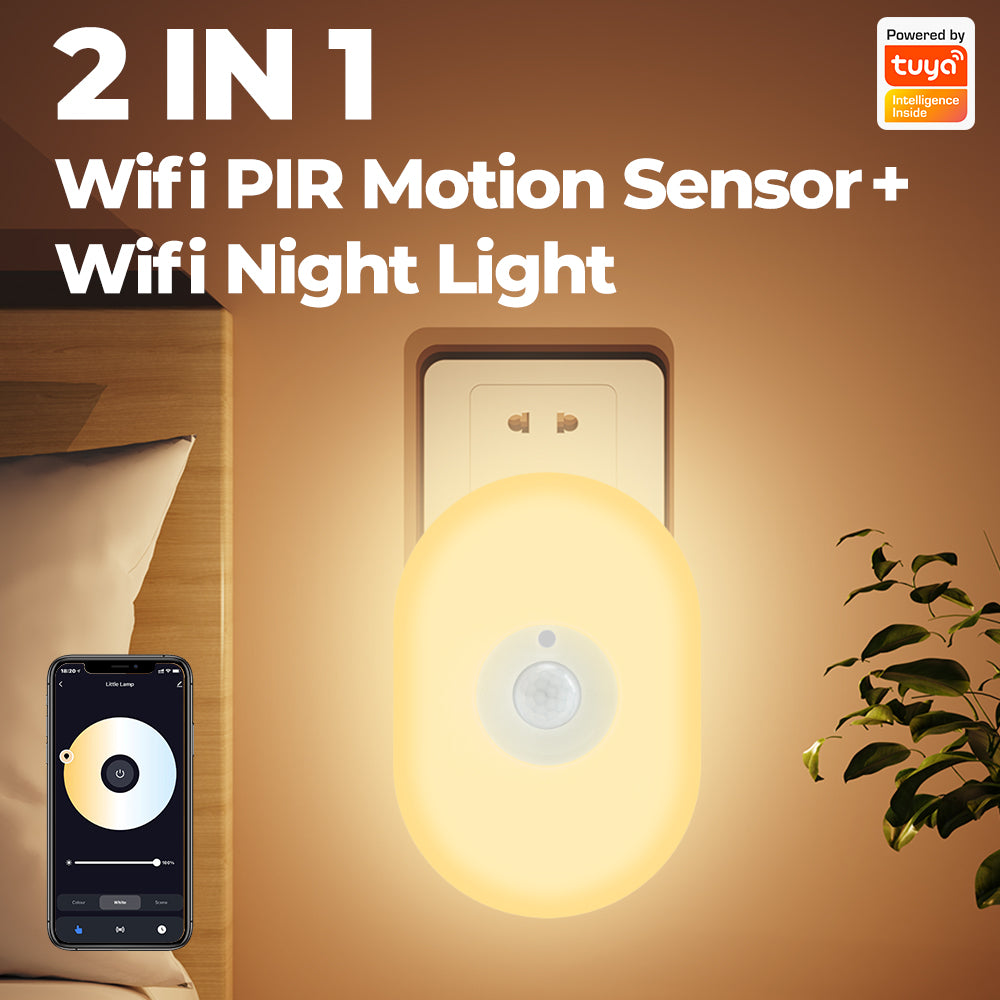 Smart color-changing WiFi night light with motion sensor and voice control – works with Tuya, Alexa, and Google.