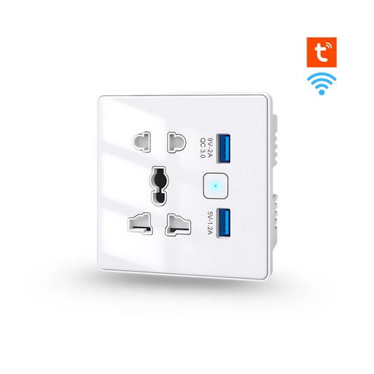 سوج بلك جداري ذكي WiFi + USB مزدوج 13A بنظام Tuya – متوافق مع Alexa وGoogle – تحكم فردي ومؤقت وزمن تنازلي