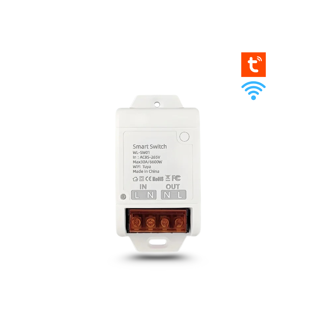 مفتاح ريليه ذكي WiFi 30A من Tuya – هێزی 6600 وات، ڤۆڵتیەی 85-250V، کۆنتڕۆڵکردنی مەودادور لە ڕێگەی ئەپی Smart Life، پشتگیری کاتژمێر دەکات و لەگەڵ ئەلیکسا و گوگڵ هۆم کاردەکات