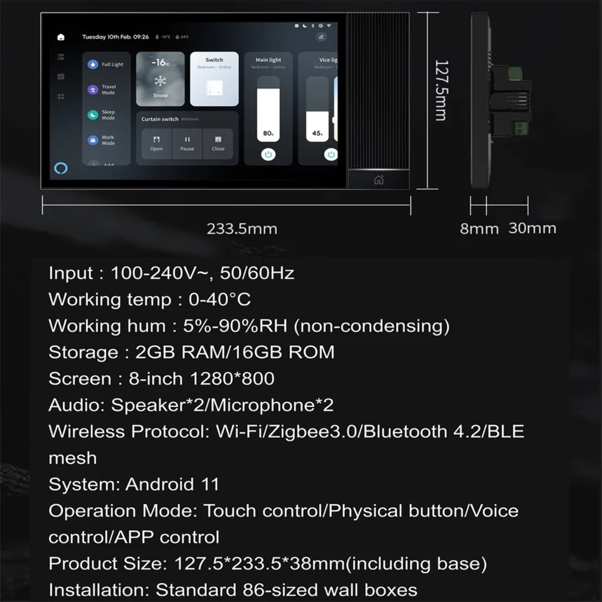 لوحة تحكم منزل ذكي 8 بوصة مع بوابة Zigbee/BLE وصوت أليكسا